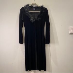 feather collar longline velvet cardigan